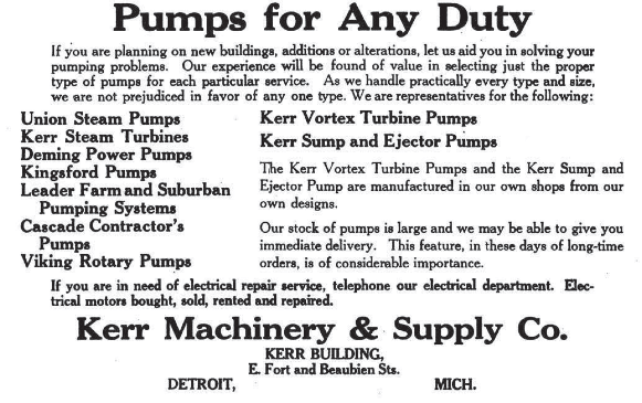 First ad for Kerr Machinery & Supply in which Viking’s rotary pumps appeared, after signing on as a distributor in 1917 (published in Michigan Manufacturer & Financial Record).